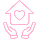 Pink icon with hands outstretched beneath a house, representing mobility and positioning.