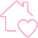 Pink house icon with a heart, representing help at home.